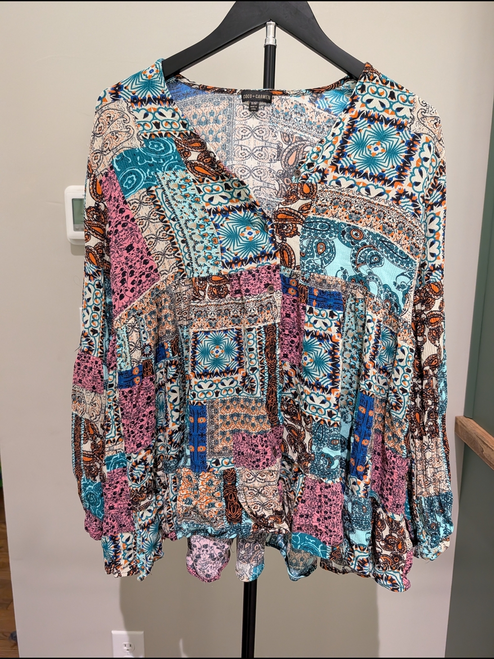 Coco + Carmen Mixed Patchwork Boho Tunic in Teal, Pink & Brown